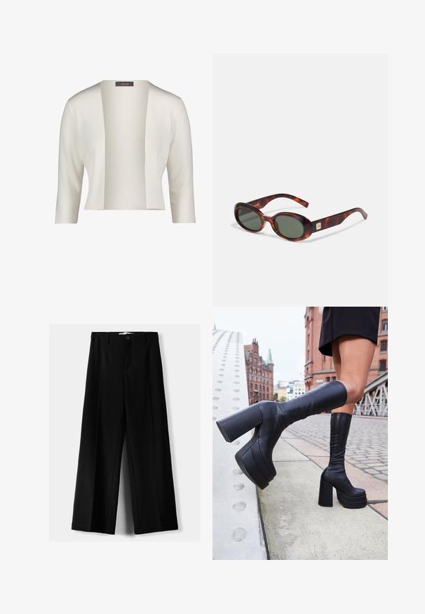 Bílý žebrový cardigan s širokým otevřeným předním dílem, tříčtvrtečními rukávy a měkkou strukturou. Štítek viditelný na výstřihu.; Černý bezramenný top s jedním ramenním popruhem, se splývavým akcentem a nařasenou texturou na boku. Vyroben z měkké tkaniny.; Černé široké kalhoty z lehkého materiálu s předním zapínáním na knoflík a hladkým předním dílem, s pečlivě přišitými lemy.; Černé vysoké platformové boty z hladké kůže, se silnými čtvercovými podpatky a elegantním designem, na pozadí městského prostředí.; Sluneční brýle ve stylu želvoviny s tmavými skly, oválným tvarem a širokými obrubami. Na boční straně je malý zlatý akcent. Hladký plastový materiál.