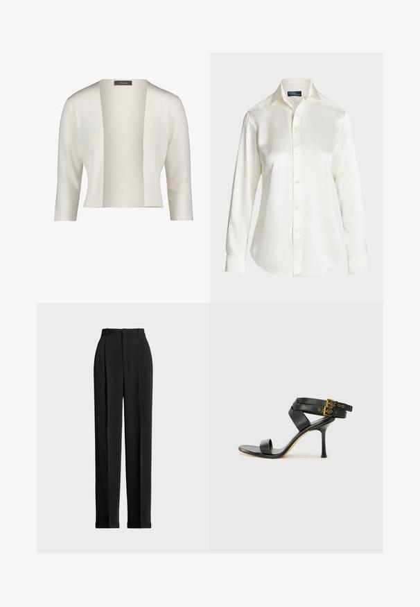 Fehér bordás kardigán, széles nyitott elülső résszel, háromnegyedes ujjal és puha tapintással. Címke látható a nyakrészén.; Fehér, hosszú ujjú, gombos ing, sima anyagból készült, klasszikus gallérral és visszafogott fényű felülettel, lekerekített hem és gomb részletekkel.; Fekete, testre szabott nadrág magas derékkal, elöl redőkkel, egyenes láblineáris kialakítással és halkézével. Sima anyagból készült.; Fekete magassarkú szandál keresztpántos dizájnnal és állítható csattal. Simább felülettel és hegyes tűsarkúval rendelkezik.