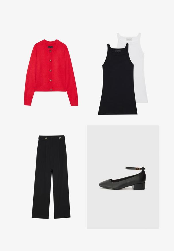 Cárdigan rojo con cuello redondo, puños y dobladillo acanalados. Presenta cinco botones metálicos en la parte delantera, confeccionado en un suave material de punto.; Dos camisetas sin mangas en negro y blanco. Están hechas de una tela suave y elástica con una textura acanalada y un diseño ajustado. Cuentan con tirantes estrechos.; Pantalones de pierna ancha negros con cintura alta, detalles de botones en la cinturilla y pliegues en la parte delantera.; Zapato de tacón negro de cuero con punta afilada y tacón bajo cuadrado. Presenta una correa para el tobillo con una hebilla en tono dorado. Textura suave.