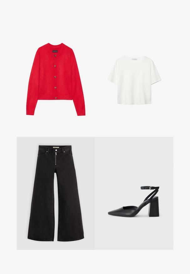 Crvena kardigan sa okruglim izrezom, rebrastim manžetama i rubom. Sadrži pet metalnih dugmadi s prednje strane, izrađen od mekanog pletenog materijala.; Bijela majica kratkih rukava od pamuka. Ima okrugli izrez i opušteni kroj. Glatka tekstura bez vidljivih uzoraka ili naglasaka.; Široke traperice od crnog denima s prednjim zatvaračem, dizajnom s pet džepova i suptilnim detaljima šivanja. Glatka tekstura i ležeran stil.; Crne kožne cipele s špicastim vrhom, remenom oko gležnja i debelim potplatom. Ravna tekstura, elegantan dizajn i minimalistička estetika.