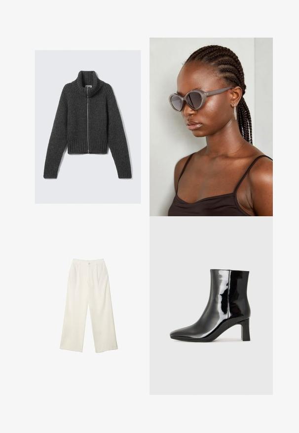 Mørkegrå grøvere strikket zip-sweater med høj krave og lange ærmer, liggende fladt mod en lys baggrund.; Hvid langærmet t-shirt lavet af ribbet stof med rund halsudskæring og lige skæring i kanten. Enkel, ensfarvet design.; Bredde bukser i cremefarvet stof med en glat tekstur, der har en enkelt knap foran, diskrete folder og design med høj talje.; Sort lakeret ankelstøvle med spids tå og en midt-højde blokhæl. Glat tekstur og minimalistisk design.; Grå oversized solbriller med rund form og mørke linser. Slank plastikramme med en glat finish. Modellen har fletninger.; Sort ruskinds tote taske med en glat tekstur, struktureret form og kontrasterende syninger. Har lange stropper til skulderbæring.