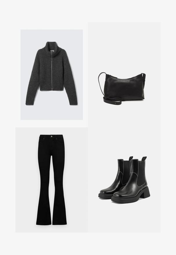 Pulover tricotat gros de culoare gri închis, cu fermoar, guler înalt și mâneci lungi, așezat plat pe un fundal deschis.; Set de două bluze cu guler înalt, ajustate, în alb și negru. Mâneci scurte, material din bumbac neted și design aderent. Fără modele sau grafică.; Jeans negri cu talie înaltă, cu închidere prin nasture și fermoar, buzunare frontale și picioare evazate, așezați pe un fundal alb.; Botine Chelsea din piele neagră, cu toc masiv, panouri laterale elastice și cusături albe contrastante. Finisaj texturat.; Geantă de umăr din piele neagră, cu o textură netedă, formă curbată, curea ajustabilă și închidere cu fermoar. Design minimalist, fără embellishments.
