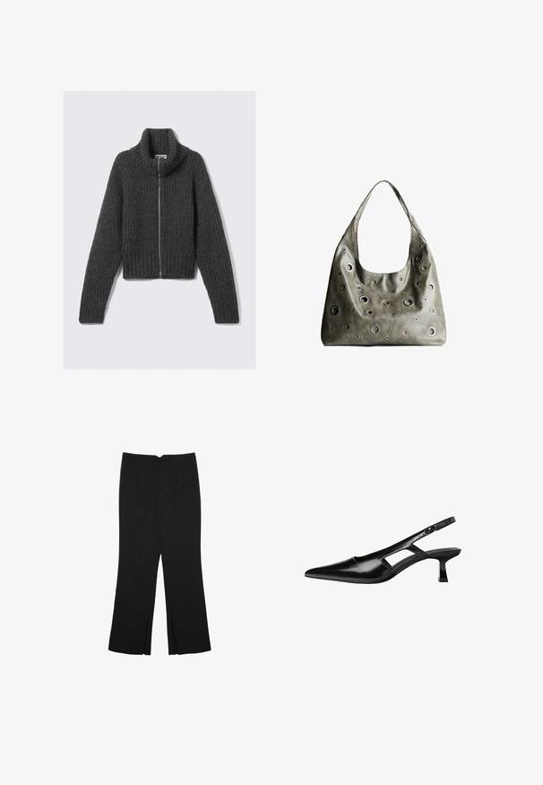 Tummegrå chunky strikket zip-up genser med høy krage og lange ermer, lagt flat mot en lys bakgrunn.; Musta hihaton paita, joka on valmistettu puuvillasta, ja jossa on pyöreä kaula-aukko sekä leveät kainaloaukot. Silkkinen pinta ja ommellut reunat. Klassinen, minimalistinen muotoilu.; Mustat housut suoralinjaisella leikkauksella, joissa on etutaskut ja sivurei'ät helman alla. Valmistettu pehmeästä ja sileästä kankaasta. Sopii eri tilaisuuksiin.; Mustat lakatut nahkakengät, joissa on viistopää, leikattu sivusuunnassa ja pieni neliökoroke. Sujuva pinta, jossa on minimaalinen koristelu.; Oliivinvihreä nahkalaukku, jossa on rento muotoilu, ja jossa on erilaisia kokoisia pyöreitä läpivientejä sekä tummempia ja vaaleampia yksityiskohtia.