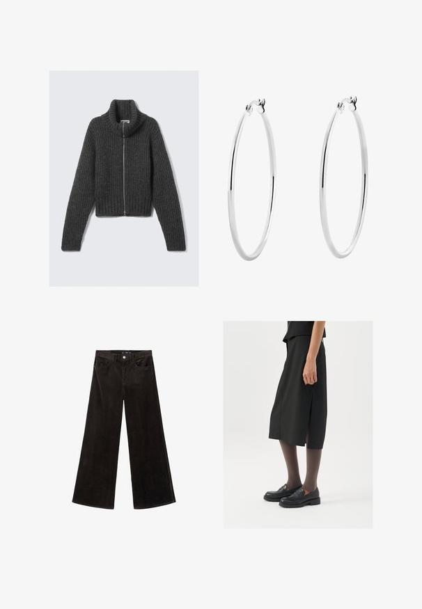Tamno sivi debeli pleteni dukserica sa patentnim zatvaračem, visokim okovratnikom i dugim rukavima, raširena na svijetloj pozadini.; Sivi rebrasti top bez rukava s okruglim izrezom. Mekana tekstura i prilagođeni dizajn, pogodan za ležerne kombinacije ili slojevito oblikovanje.; Crne kordura široke hlače s visokim strukom, prednjim džepovima i teksturiranom tkaninom, s kopčanjem na dugme i petljama za remen.; Crna suknja do koljena s bočnim prorezom, uparena s crnim loafericama i prozirnim smešnim čarapama, sa glatkom tkaninom i jednostavnim dizajnom.; Srebrne naušnice u obliku kružnice s glatkom, poliranom površinom i tankim, okruglim oblikom. Dizajn uključuje sigurno kopčanje.