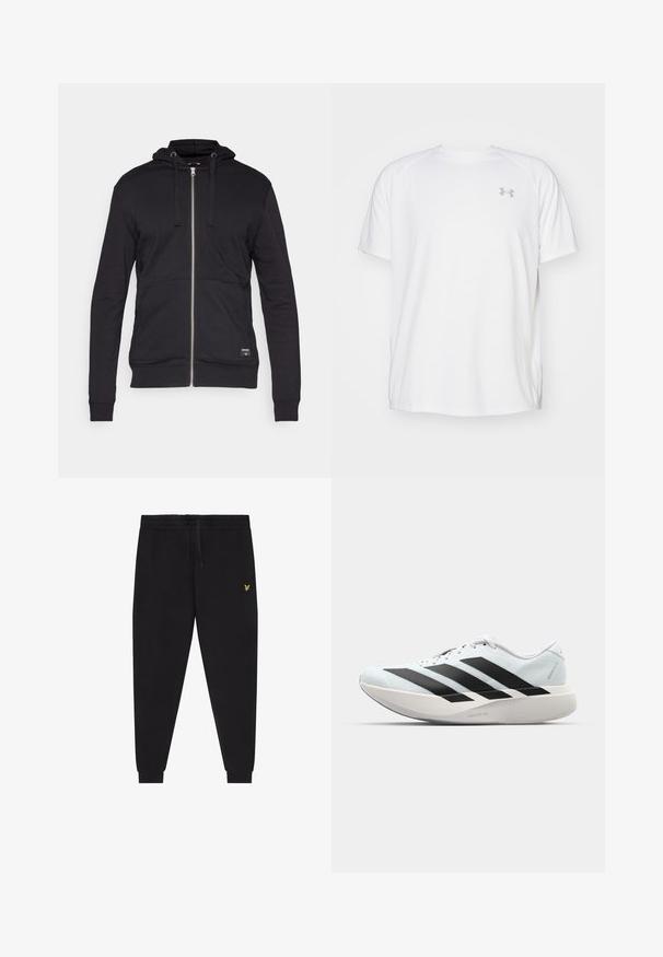 Melna zipa kapuce ar šņorējošu kapuci, priekšējām kabatām un ribota apmale pie rokām un apakšmalas, izgatavota no mīksta, gluda auduma.; Baltas īsajiem piedurknēm sporta krekls, izgatavots no gludas auduma. Tam ir apaļa kakla izgriezums un pelēks logo uz kreisās krūtis, kā arī sānu šķēlumi apakšmalā.; Melnas sporta bikses ar elastīgu jostasvietu un auklu, šaurām kājām ar elastīgām aprocēm un nelielu dzeltenu izšūtu logotipu labajā augšstilbā.; Gaiši zili vieglie skriešanas apavi ar melniem svītrainiem. Iezīmēti ar gludu augšpusi, apaļu purngalu un biezāko balto vidējo zoli, kurā ir uzraksts "LIGHTSTRIKE PRO."