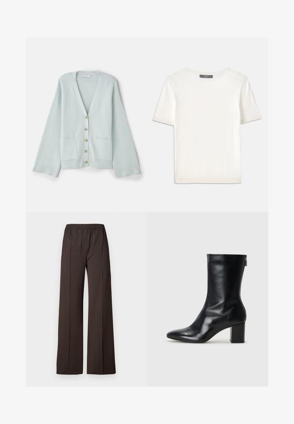 Cardigan verde deschis cu decolteu în V, mâneci lungi, buzunare frontale și șase nasturi rotunzi. Textură netedă și design relaxat.; Top tricotat alb cu mânecă scurtă, cu decolteu rotund, având o textură netedă și accente subtile cu nervuri la mâneci și la margine.; Pantaloni largi dintr-o țesătură maro închis cu un tiv elastic, având o textură netedă și linii curate pentru un aspect elegant.; Botină din piele neagră, cu vârf ascuțit și toc bloc de 4 cm. Design elegant, cu un fermoar lateral pentru o îmbrăcare ușoară. Textură netedă.