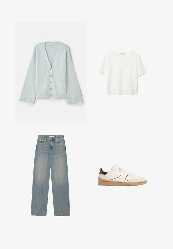 Svetlozelený kardigán s výstrihom do V, dlhými rukávmi, prednými vreckami a šiestimi guľatými gombíkmi. Hladká textura a voľný strih.; Biela krátkopsová tričko vyrobené z bavlny. Má okrúhly výstrih a voľný strih. Hladká textúra bez viditeľných vzorov alebo akcentov.; Svetlomodré džíny s vysokým pásom a rovnými nohavicami, s prednými vreckami, pútkami na opasok a viditeľným zapínaním na gombík a zips.; Stradivarius Tenisky - white