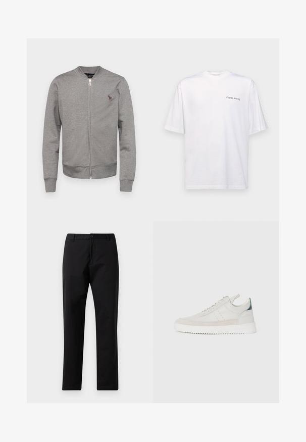 PS Paul Smith REGULAR FIT ZEBRA - Sweater met rits - grey; Witte katoenen T-shirt met korte mouwen en een V-hals, voorzien van een zwart "FILLING PIECES" logo dat aan de linkerkant is gedrukt.; Zwarte rechte broek met knoop- en ritssluiting, riemlussen en steekzakken, weergegeven op een witte achtergrond.; Witte leren sneakers met grijze suède accenten, vetersluiting, een trekhaak en een gestructureerde rubberen zool met een zigzagpatroon.