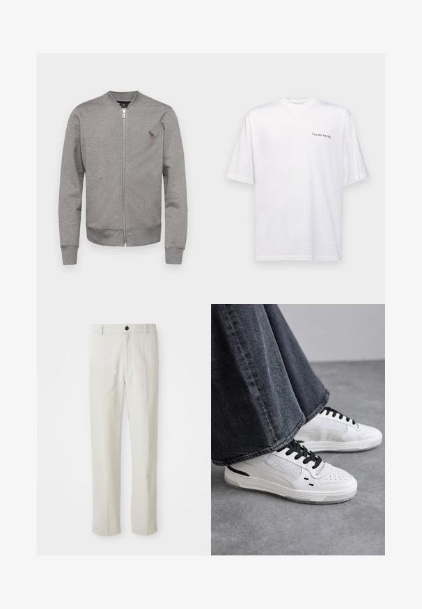 PS Paul Smith REGULAR FIT ZEBRA - Zip-up sweatshirt - grey; White short-sleeve t-shirt in cotton with a v-neck, featuring a black "FILLING PIECES" logo printed on the left side.; Beige straight-leg pants with belt loops, front button, and zip closure, displayed flat on a white background.; White sneakers with black laces and mesh detailing. Features a smooth leather upper and a textured rubber sole. Paired with wide-leg grey jeans.