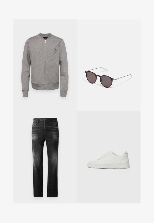 PS Paul Smith REGULAR FIT ZEBRA - Sweat zippé - grey; T-shirt en coton noir avec un col rond, des manches courtes et le logo "EMPORIO ARMANI" en blanc au-dessus de "Milano" dans un design incurvé.; Jean en denim noir avec une coupe droite. Présente des zones décolorées, un léger effet usé, un design classique à cinq poches et une fermeture à bouton.; Baskets en cuir blanc avec une finition lisse, bout arrondi, lacets plats et semelle texturée. Présente un logo discret sur le talon.; Lunettes de soleil noires rondes avec verres sombres et branches en métal fines. Comprend des embouts transparents et des accents argentés au niveau de la charnière. Design minimaliste.