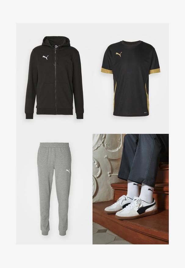 Črna zip-up kapuca, izdelana iz mehkega blaga. Ponaša se s kenguru žepom, rebrastimi manšetami in belim Puma logotipom na prsih.; Črna športna majica s kratkimi rokavi in zlatimi detajli na rokavih in stranskih delih. Ima okroglo ovratnik, kratke rokave in tkanino DRYCELL, ki odvaja vlago.; Sive trenirke iz mehkega blaga, z elastičnim pasom, zoženimi nogami in belim logotipom na levem stegnu.; Puma superge v beli in črni usnjeni izvedbi, sročene s rjavim gumijastim podplatom. Usklajene z belimi nogavicami z črnim logotipom, nosijo se s temnimi hlačami.