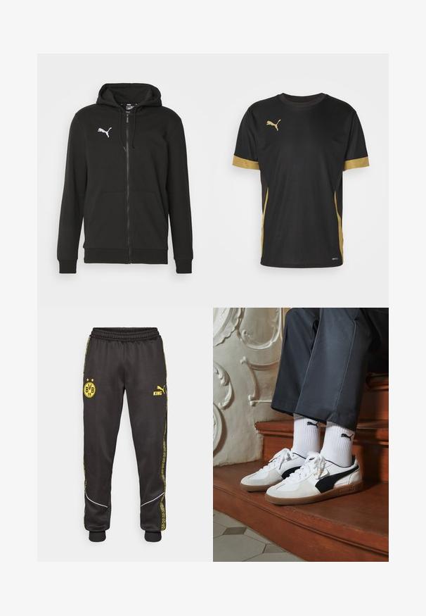 Mustaläppariga kapuutsiga jakk, mis on valmistatud pehmest kangast. Omab känguru taskut, soonikkoes mansette ning valget Puma logo rinnal.; Musthave musternig musternig ja musternig musternig D mga t-t-s-is t-t-s-is T. Kolla musternig on kõrv ja musternig on jõud. Musternig, musternig on üles ja musternig on laht.; Mustad mustad püksid kollaste Borussia Dortmund BVB 09 ja Puma King logodega, elastse vöökoha ja mustriliste kollaste külgtriipudega.; Puma tossud valgest ja mustast südamikust, millel on pruun kummi tall. Kombineeritud valgete sokkidega, millel on must logo, kantud tumedate pükstega.