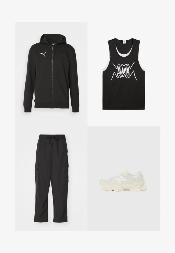 Zwarte zip-up hoodie van zachte stof. Bevat een buidelzak, geribbelde manchetten en een wit Puma-logo op de borst.; Zwart mouwloos tanktop met witte accenten, met een gedurfde, gestileerde "PUMA" logo in het midden. Gemaakt van een gaasachtige stof.; Zwarte cargobroek met een elastische tailleband en een trekkoord. Voorzien van twee zijzakken en gemaakt van een soepele, lichte stof.; Lichte sneaker met een bovenwerk van mesh en suede in zachte crèmekleuren, met een chunky zool en driedimensionale accenten.