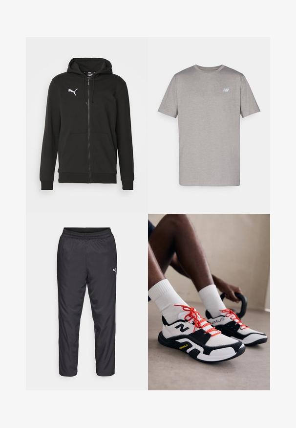 Sudadera con cremallera negra hecha de un tejido suave. Presenta un bolsillo tipo canguro, puños acanalados y un logotipo de Puma en blanco en el pecho.; Camiseta gris de manga corta hecha de una tela suave, con un logo sutil en azul claro en el lado izquierdo del pecho. Cuello redondo, corte regular.; Pantalones deportivos negros hechos de un material liso y ligero. Presenta una cintura elástica y un pequeño logo blanco en el lado izquierdo.; Zapatillas deportivas blancas y negras con cordones rojos, parte superior de malla y suela de goma. Presentan un logotipo en el lado y un diseño texturizado.