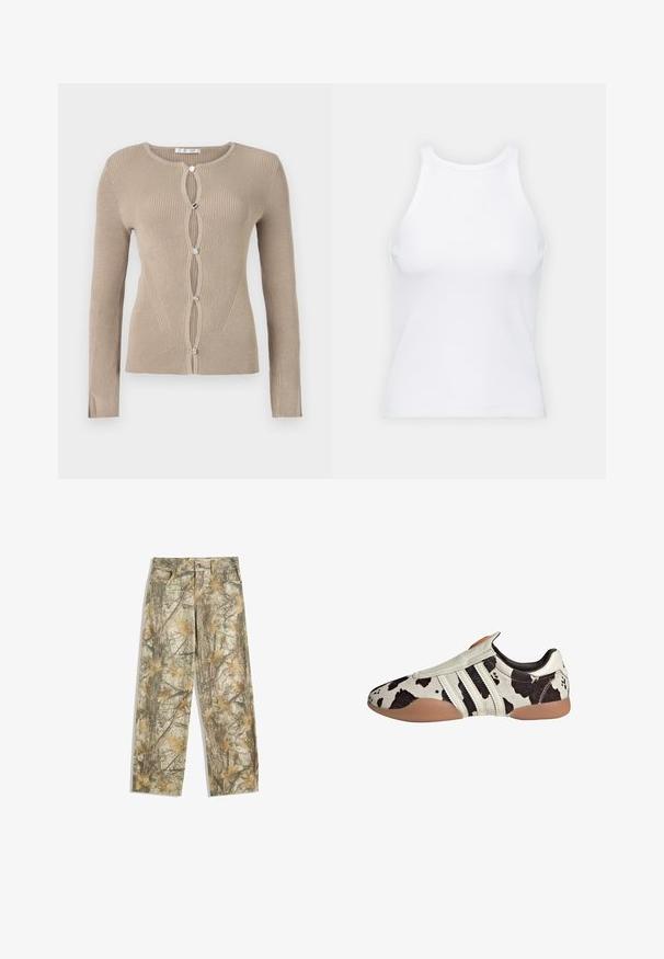 Beige ribbed cardigan with long sleeves and a round neckline, featuring embellished buttons and a fitted design with curved seam details.; White sleeveless tank top made of ribbed fabric, featuring a rounded neckline and a fitted silhouette, with minimal seams and no embellishments.; Camouflage pants with a multi-toned green and brown leafy pattern, featuring a standard five-pocket design and a loose fit.; White and black patterned leather shoes with a textured finish, featuring three white horizontal stripes and a brown rubber sole.