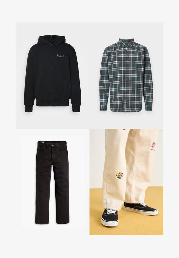 Črna kapuca iz mehkega materiala, z zapiranjem na sprednji gumb in stranskimi žepi. Na prsih izvezen napis "Temna stran".; Zeleni flanelast srajc s karirastim vzorcem, ki vsebuje modre, bele in gorčične rumene črte. Z gumbi zapnjen sprednji del in usmerjen ovratnik. Dolgi rokavi.; Črne kavbojke ravnega kroja z žepi, gumbnim zapiranjem in zankami za pas, ležijo položene na belem ozadju.; Bežna bombažna hlače z igrivimi vezeninami, ki vključujejo roza lik in barvni blok, v kombinaciji s črnimi čipkastimi športnimi copati.