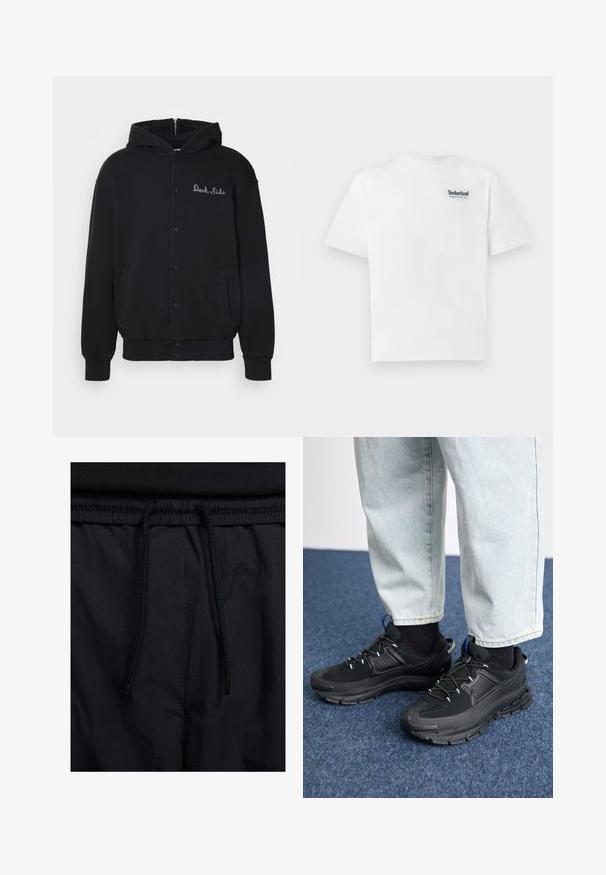 Hoodie preto feito de tecido macio, com fecho frontal de botões de pressão e bolsos laterais. Texto bordado "Dark Side" no peito.; T-shirt de algodão branco com um logo bordado em azul "Timberland Rugged Active Gear" no lado superior esquerdo do peito. Mangas curtas e decote redondo.; Calções pretos com um cós elástico ajustável, fabricados em tecido leve com uma textura suave e um design simples, sem logótipos ou padrões visíveis.; Sapatilhas desportivas pretas com tecido texturizado e solas em borracha, apresentando atacadores elásticos e um detalhe azul no calcanhar. Usadas com calças de ganga claras.