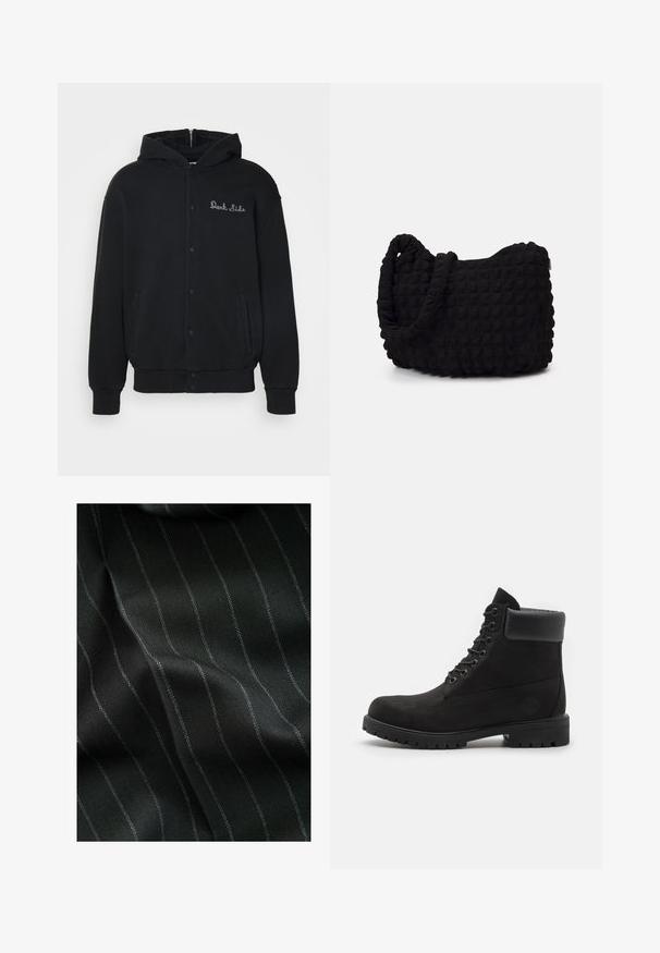 Hanorac negru din material moale, cu închidere frontală prin capse și buzunare laterale. Text brodat "Dark Side" pe piept.; Pachet de cinci tricouri negre cu guler rotund. Mâneci scurte, material din bumbac, croială standard. Textură netedă fără modele sau embellishments vizibile.; Țesătură neagră cu un model în zigzag și dungi subțiri albe. Textura pare netedă, cu o adâncime subtilă datorată țesăturii.; Cizmă neagră cu șireturi, până la glezne, cu guler căptușit și talpă robustă, prezentată din profil pe un fundal alb.; Geantă dintr-un material textil negru, cu un model texturat și matlasat. Formă rotundă, mânere scurte și groase, și o structură moale, flexibilă.