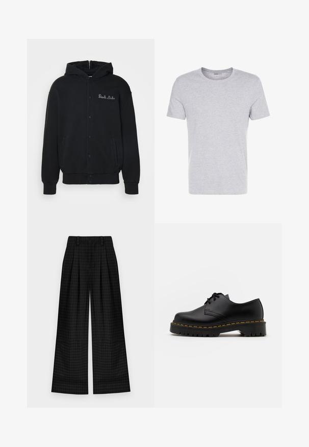 Melns kapuci top, izgatavots no mīkstas auduma, ar priekšējo pogu aizdari un sānu kabatām. Uz krūtīm izšuvums "Tumšā puse".; Pelēks kokvilnas T-krekls ar apaļu kakla izgriezumu, īsām piedurknēm un vienkāršu dizainu, ar maigu, gludu tekstūru un bez redzamām rakstiem vai rotājumiem.; Melni kvadrātoti plaša kāju bikses ar krokām, kurām ir gluda tekstūra un klasiskā dizaina. Viegls audums komfortam.; Melnas ādas kurpes ar saistēm, noapaļota purngalu, ar teksturētu gumijas zoli un dzeltenu šuvju ap malu. Plakana forma un gluda apdare.