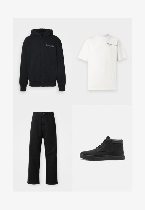 Black hoodie made of soft fabric, featuring a front snap button closure and side pockets. Embroidered "Dark Side" text on the chest.; White cotton t-shirt with short sleeves, crew neckline, and black printed text on the chest reading "Carhartt Work in Progress 1989."; Black denim pants with a straight cut, featuring front pockets, a zip fly, and a single top button. Textured fabric with a matte finish.; Black suede ankle boots with round toe, rubber sole, and laces. Features a smooth black leather heel accent and subtle logo detail on side.