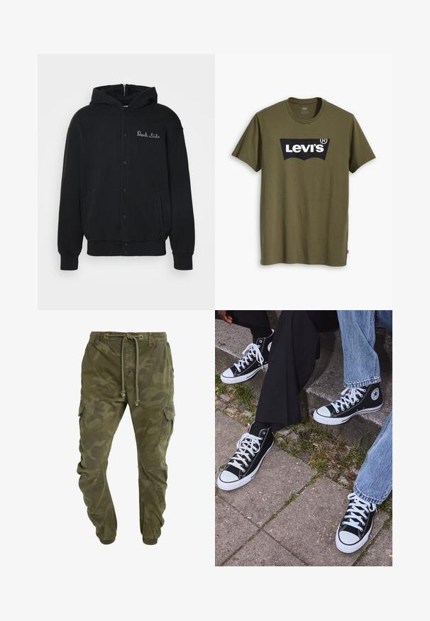 Crna dukserica s kapuljačom od mekog materijala, s prednjim zatvaranjem na dugmad i bočnim džepovima. Izvezena natpis "Dark Side" na prsima.; Maslinasto zelena pamučna majica kratkih rukava s velikim crnim Levi's logotipom u kontrastnom polukružnom obliku preko prsa. Regularni kroj.; Zelene cargo hlače s kamuflažnim uzorkom, s pojasom na vezanje, elastičnim rukavima i bočnim džepovima. Napravljene od čvrstog materijala.; Crne visoke platnene tenisice s bijelim gumama i vezicama, sa kružnim logom sa strane, u kombinaciji s trapericama i crnim hlačama.