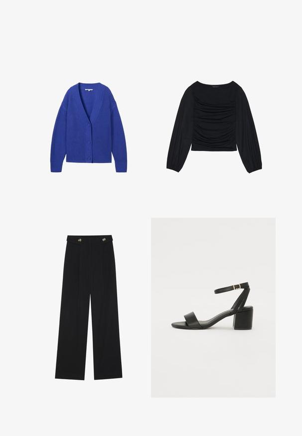 TOM TAILOR DENIM V NECK CARDIGAN - Kardiganas - anemone blue; Juodas ilgomis rankovėmis viršus, su surinkta medžiaga priekyje ir ant riešų, pagamintas iš minkštos, elastingos medžiagos, su laivagalio kaklu.; Juodi plačios kojos kelnės su aukštu liemeniu, sagų detalėmis ant liemens ir priekinėmis raukšlėmis.; Juodos aukštakulnės sandalai su lygiu odiniu viršumi, atvira nosimi, plačiomis priekinėmis dirželiomis ir reguliuojama kulkšnies juosta su auksiniu sagtimi.
