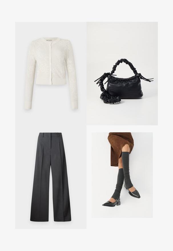 Cardigan blanc en tricot avec un col rond, des manches longues, une fermeture à boutons et une texture à motif floral. Ourlet court avec des bords côtelés.; Chemise blanche à manches longues en coton lisse, dotée d'un col classique et d'un ourlet arrondi. Les boutons sont petits et blancs.; Pantalons à jambes larges en tissu gris foncé, avec une taille haute, des plis simples et une texture lisse avec une finition soignée aux ourlets.; Chaussures à bout pointu en cuir verni noir avec un talon bloc et une bride à la cheville, accompagnées de jambières en maille grise et d'une jupe en daim marron.; Sac à main en simili cuir noir avec une texture crocodile, un dessus resserré et une sangle froncée. A l'apparence douce et compacte.