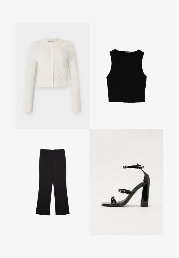 Bílý pletený kardigan s kulatým výstřihem, dlouhými rukávy, zapínáním na knoflíky a květinovým vzorem. Zkrácený lem s vroubkovanými okraji.; Černý bezsleeve crop top vyrobený z hladké tkaniny, s kulatým výstřihem a čistým, jednoduchým designem bez vzorů nebo kovových doplňků.; Černé kalhoty s rovným střihem, s předními kapsami a bočními rozparky na lemu. Vyrobené z jemné, hladké tkaniny. Vhodné na různé příležitosti.; Černé lakované sandály na podpatku se čtveratou špičkou, lýtkovými pásky a stříbrnými přezkami. Disponují masivním blokovým podpatkem pro stabilitu.