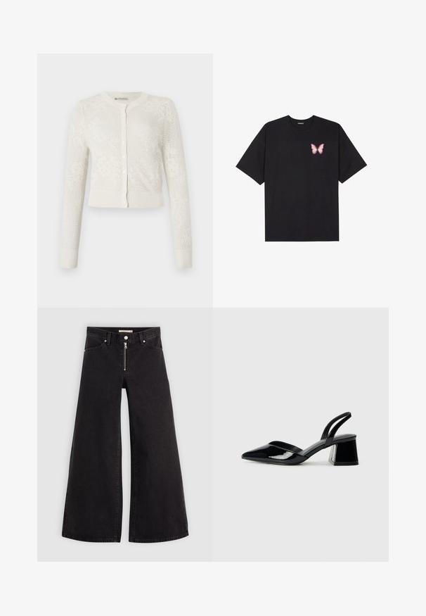Cardigan alb tricotat cu guler rotund, mâneci lungi, închidere cu nasturi și textură cu model floral. Croială scurtă cu margini ribbate.; Tricou negru din bumbac cu mâneci scurte, având pe partea stângă a pieptului un mic grafic cu un fluture roz. Design cu guler rotund și croială lejeră.; Jeans cu picioare largi din denim negru, cu fermoar în față, design cu cinci buzunare și detalii subtile de cusătură. Textură netedă și stil casual.; Pantofi cu toc slingback din piele lacuită neagră, cu vârf ascuțit și toc geometric. Prezintă un design elegant, minimalist și o textură netedă.