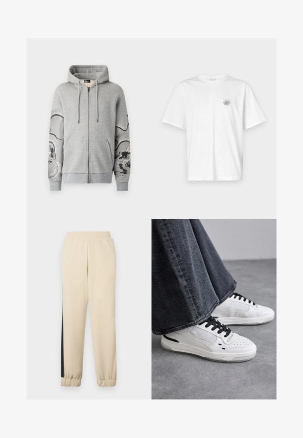 Gray zip-up hoodie made of cotton blend with a hood, featuring intricate dragon design on the right sleeve and two front pockets.; White t-shirt made of cotton featuring short sleeves, a crew neck, and a small gray logo on the left chest area. Smooth texture.; Cream-colored sweatpants with black side stripes, elastic waistband, and ribbed cuffs. Soft fabric with a relaxed fit.; White sneakers with black laces and mesh detailing. Features a smooth leather upper and a textured rubber sole. Paired with wide-leg grey jeans.