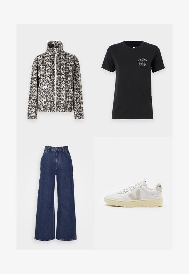 Flauschige Zip-Jacke im schwarz-weißen Blumenmuster, mit hohem Kragen und langen Ärmeln. Weicher Stoff, lässiges Design und seitliche Taschen.; Converse FOREST ART TEE - T-Shirt print - black; Weite Denim-Jeans in dunkelblau, mit hoher Taille, Fronttaschen und einem Reißverschluss mit Metallknopf. Glatte Textur und klassisches Design.; Weiße Ledersneaker mit beigen Wildlederakzenten, perforierte Zehenbox, flache Schnürsenkel und eine strukturierte cremefarbene Sohle. Mit dezentem Branding an der Ferse.