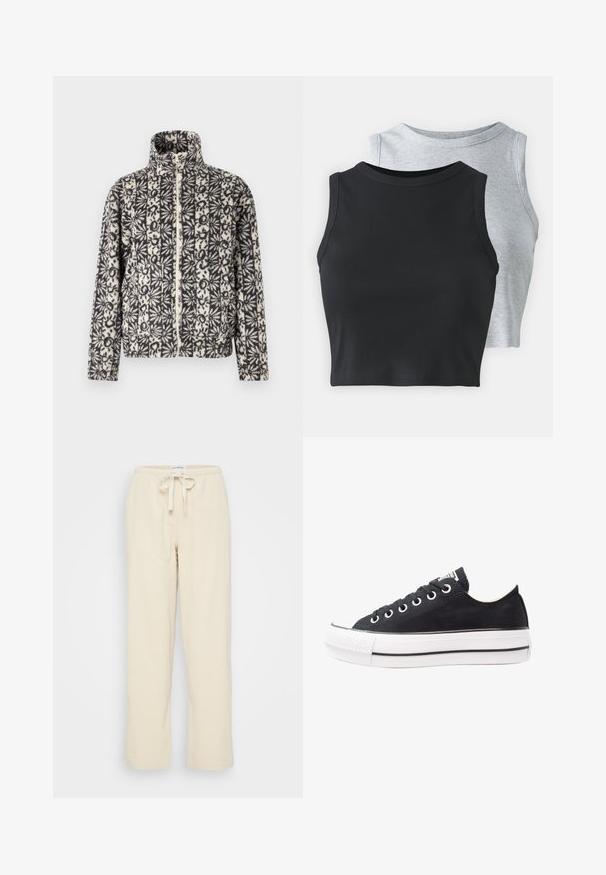 Karvane varrukateta jope musta ja valge lillemustriga, millel on kõrge krae ja pikad varrukad. Pehme tekstuur, vabalt voolav disain ja küljetaskud.; Even&Odd Petite 2 PACK - Topp - light grey/black; Even&Odd Petite Püksid - beige; Mustkunst sünnil varrega mustad keedekad, valge kummine tald, ümmargune ninaosa, madal disain, metallist silmadega ja tekstureeritud ninaosa. Peen must riba taldadel.