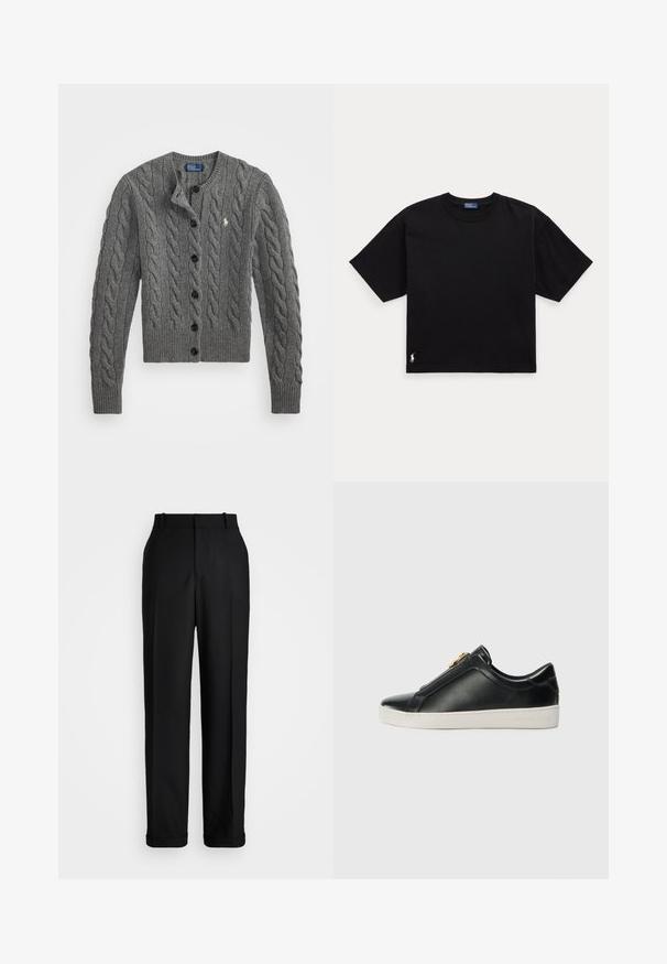 Šedý pletený kardigan s kabelovým vzorem, s kulatým výstřihem, asymetrickým zapínáním na knoflíky a tmavými knoflíky. Malé logo na prsou.; Černé bavlněné tričko s krátkým rukávem, kulatým výstřihem a malým bílým logem v dolním levém rohu. Klasický, boxy střih s minimálním detailem.; Polo Ralph Lauren HIGH RISE RELAXED STRAIGHT TROUSER - Kalhoty - black; Černé kožené nazouvací boty s vyvýšeným švem, detail stříbrného kování na svršku a bílá gumová podrážka s raženým logem.