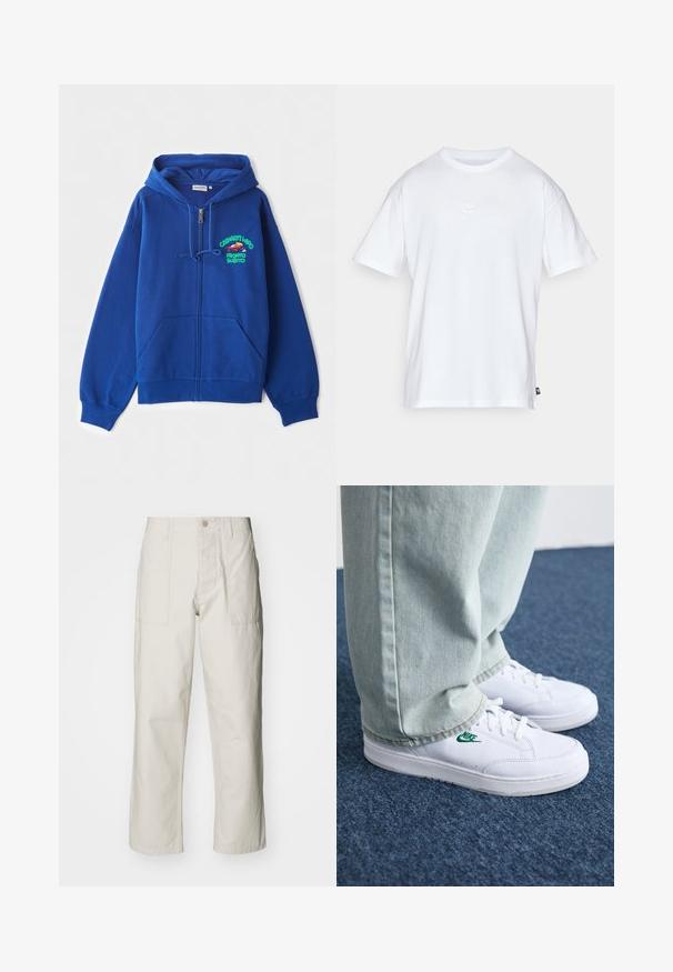 Blue zip-up hoodie made of soft fabric. Features a drawstring hood and front pockets. Includes colorful graphic text on the left chest.; White cotton t-shirt with short sleeves and a round neck. Features a small, subtle Nike logo on the chest and a side label.; Light beige wide-leg pants made of cotton. Features front pockets and a button closure. Smooth texture with subtle vertical lines.; White leather sneakers with green Nike logo, round toe, flat sole, paired with light blue denim pants, shown on a blue carpet.