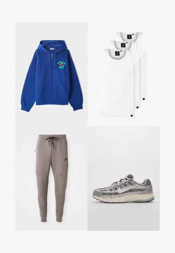 Zila zipa džemperis, izgatavots no mīkstas auduma. Tam ir kapuce ar aukliņu un priekšējās kabatas. Iekļauj krāsainu grafisku tekstu kreisajā krūtī.; Trīs baltas ribotas krūšturi, kas izgatavoti no kokvilnas. Iezīmēti ar apaļu kakla izgriezumu un maziem melniem etiķetēm tuvu apakšmalai. Pieejami vairākos izmēros.; Pelēki Nike sporta bikses ar aukliņu viduklī, sašaurinātiem galiem, sānu kabatām un izteiktām šuvēm. Mīksta, teksturēta auduma.; Pelēkie sporta apavi ar tīkla un zamša augšdaļu, baltiem akcentiem, mīkstinātu zoli un izcilu dizainu ar atstarotājiem.