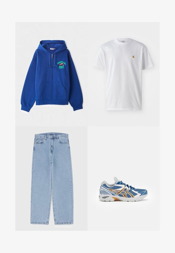 Blå glidelås hettegenser laget av mykt stoff. Har justerbar hette med snøring og frontlommer. Inkluderer fargerik grafisk tekst på venstre bryst.; Hvit bomull t-skjorte med korte ermer, rund hals, med en liten gulllogo på venstre brystområde. Myk tekstur og vanlig passform.; Lyseblå denimjeans med rett ben-design, med mid-rise liv, fem lommer og knap og lynlås lukning.; Blå sportsko med mesh-overdel, hvite og oransje detaljer, polstret midtsåle og teksturert gummisåle. Har snøringsdesign.