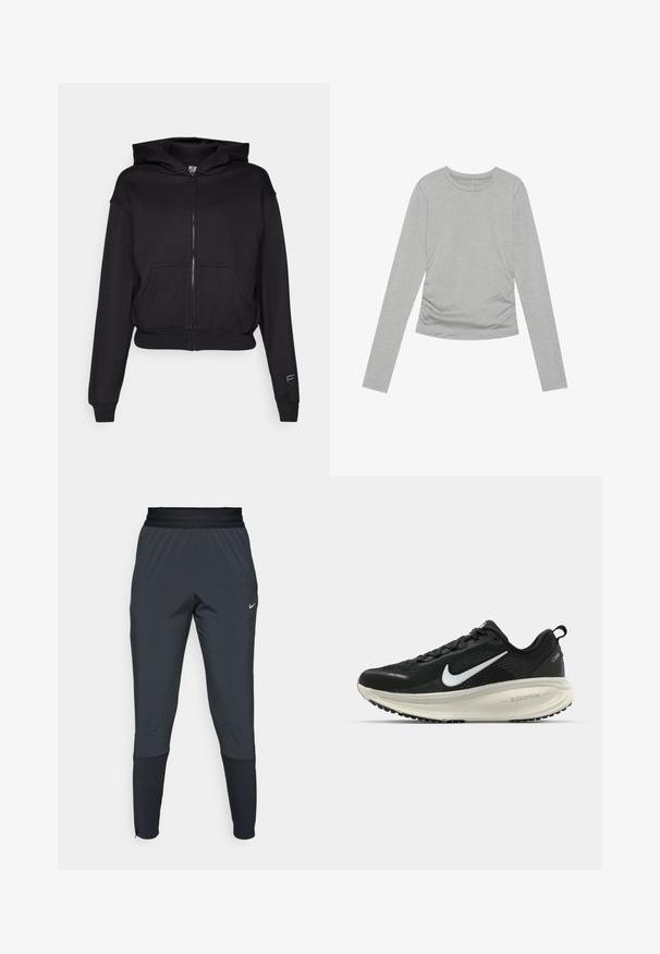 Sweatshirt cropped preto feito de tecido macio, com fecho de correr, bolsos frontais, punhos canelados e um detalhe de logótipo na manga.; Camisa de manga longa cinza, feita de material suave, com um decote redondo simples e detalhes franzidos nas laterais.; Calças de treino Nike em cinza escuro, com um design de perna afunilada, cintura elástica e detalhes de destaque próximo aos punhos.; Sapatilha de corrida Nike preta com parte superior de malha respirável, logotipo Swoosh branco, detalhes texturizados e uma entressola ZoomX na cor creme.