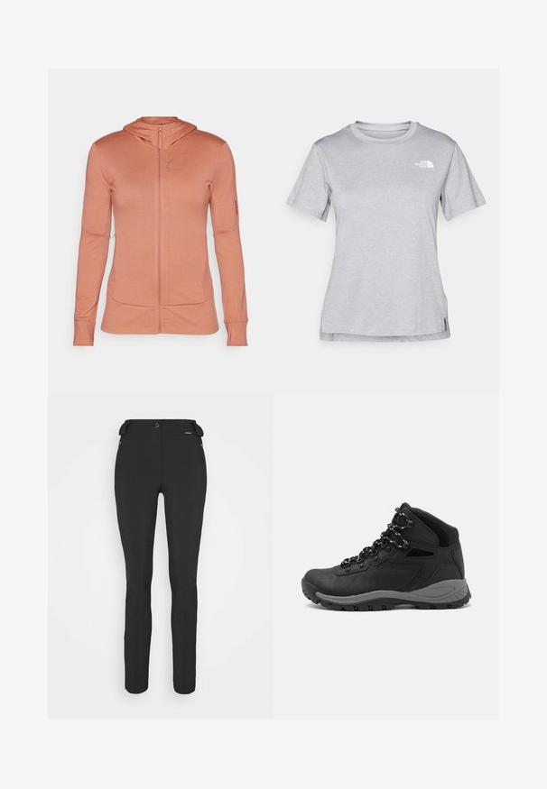 Sweatshirt rosa claro com fecho éclair, de design ajustado, capuz, bolsos frontais e buracos para os polegares nas mangas. Tecido suave com uma textura lisa.; T-shirt cinza de mangas curtas feito de um tecido suave e que absorve a humidade. Apresenta um decote redondo e um pequeno logotipo branco na parte superior esquerda.; Calças pretas, ajustadas, feitas de um material flexível. As características incluem um bolso lateral com fecho éclair, joelhos articulados e uma textura suave.; Bota de caminhada preta com design de cano médio, apresentando um upper texturizado, detalhes cinzentos e sola de borracha durável com cravos de tração.