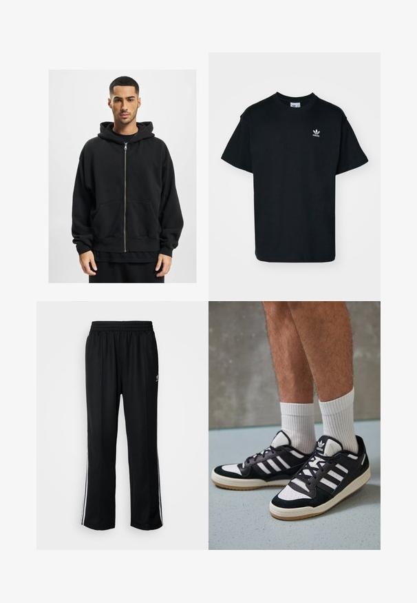 Črna zip-up kapuca iz mehkega materiala, z velikim pokrovom, dvema sprednjima žepoma in rebrastimi manšetami. Ohlapen kroj in minimalističen dizajn.; Črna bombažna majica s kratkimi rokavi in krožno ovratnikom, z majhnim belim logotipom Adidas na levem prsnem delu.; Črne atletske hlače z elastičnim pasom, ki imajo bele stranske črte in majhen logo. Material izgleda mehak in lahek.; Črno-bele superge z zgornjim delom iz usnja in nubuka, ki imajo tri bele črte, perforiran vrh prstov in podplat iz gume.