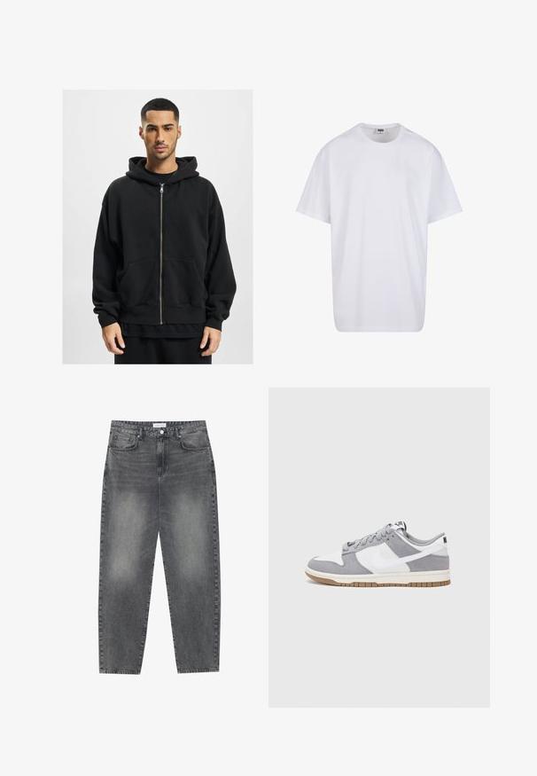 Juodas zip-up džemperis, pagamintas iš minkštos medžiagos, su dideliu gaubtu, dviem priekinėmis kišenėmis ir ribotais manžetais. Atsipalaidavęs siluetas ir minimalus dizainas.; Balta medvilninė marškinėlių užsagėlė su trumpomis rankovėmis, apvaliu kaklu, laisva forma ir be matomų logotipų ar raštų. Lygi tekstūra ir minimalus dizainas.; Aukštai juosmeniu, laisvai krentančios džinsai iš blukusių juodų džinsų. Savybės: penki kišenės, diržo kilpos ir švari, tiesi kojų dizainas.; Pilka ir balta sportinė avalynė su zomšiniu ir odiniu viršumi, suapvalintu pirštu, plokščiomis raištelėmis ir guminėmis padais su guminiu akcentu.