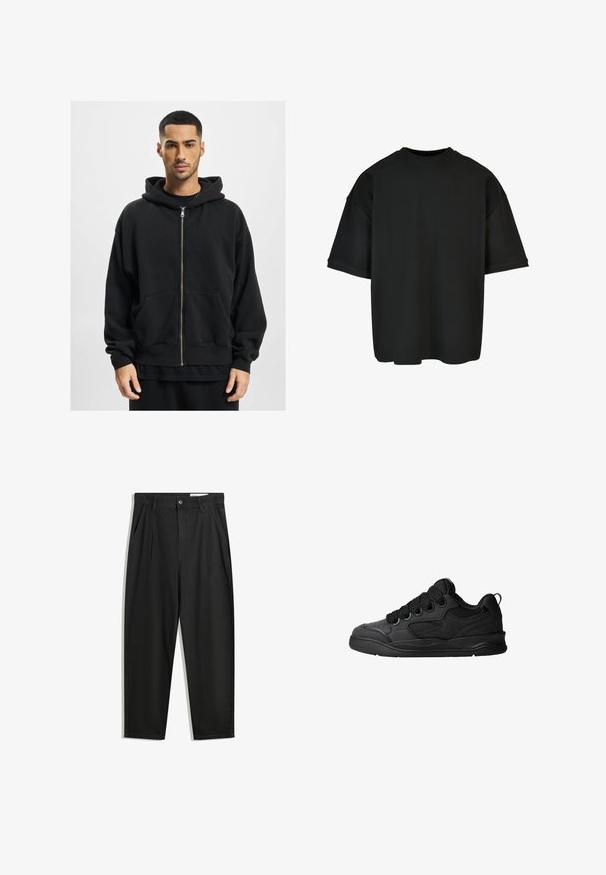 Czarna bluza z kapturem zapinana na zamek, wykonana z miękkiego materiału, z dużym kapturem, dwoma przednimi kieszeniami i ściągaczami przy mankietach. Luźny krój i minimalistyczny design.; Czarna, oversize koszulka z krótkim rękawem, wykonana z prążkowanej tkaniny. Okrągły dekolt, luźny krój i prosty dół. Prosty i uniwersalny design.; Czarne bawełniane spodnie o luźnym kroju, z klasycznym pasem, przednimi plisy oraz bocznymi kieszeniami. Gładka struktura, bez wzorów.; Czarne sneakersy z teksturowaną cholewką, z sznurowadłami, siateczkowymi akcentami dla lepszej wentylacji, wyściełanym kołnierzem oraz solidną podeszwą.