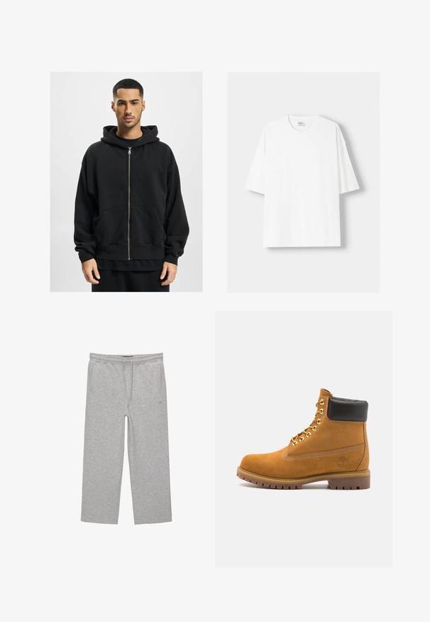 Felpa nera con zip realizzata in tessuto morbido, caratterizzata da un grande cappuccio, due tasche anteriori e polsini a coste. Vestibilità comoda e design minimale.; T-shirt bianco a maniche corte realizzato in cotone, con scollatura rotonda e vestibilità rilassata. Texture liscia, senza motivi o dettagli visibili.; Pantaloni lounge grigi in cotone con cintura elastica, cordoncino e due tasche laterali; design a gamba dritta, morbida al tatto, senza motivi.; Stivale alla caviglia in suede tan con collare imbottito nero, occhielli in metallo dorato, dettagli in cucitura bianca e suola in gomma robusta con battistrada pronunciato.