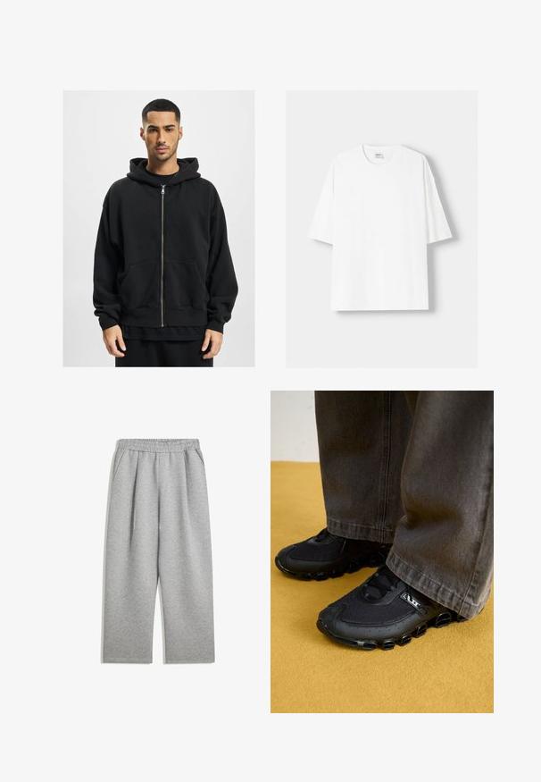 Hanorac negru cu fermoar, realizat dintr-un material moale, având o glugă mare, două buzunare frontale și manșete cu nervuri. Croială lejeră și design minimalist.; Tricou alb cu mânecă scurtă, confecționat din bumbac, cu un decolteu rotund și o croială lejeră. Textură netedă, fără modele sau accente vizibile.; Pantaloni de trening gri deschis, cu talie elastică și buzunare laterale, tăiere drept, dintr-o țesătură moale.; Pantofi atletici negri cu un superior din plasă, talpă curbată și accente rotunjite distinctive. Asortați cu pantaloni închiși la culoare, largi.