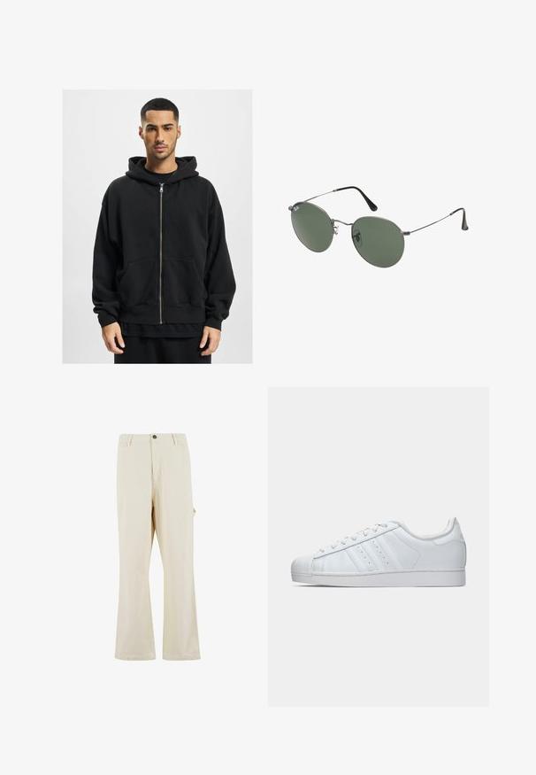Čierna zipsová mikina z jemného materiálu s veľkou kapucňou, dvoma prednými vreckami a rebrovanými manžetami. Voľný strih a minimalistický dizajn.; Čierne bavlnené tričko s výstrihom do okrúhla, krátkymi rukávmi a rovný lem. Hladká textura; jednoduchý, nezdobený dizajn.; Béžové nohavice s širokým strihom vyrobené z látky s prímesou bavlny s uzáverom na gombík. Obsahujú bočné vrecká a majú jemnú textúru. Viditeľné švy.; Biele kožené tenisky s textúrovanou gumovou špičkou, tromi postrannými pruhmi a polstrovaným golierom. Ploché biele šnúrky a minimalistický dizajn.; Sunglass s metalovým rámom s oválnymi zelenými šošovkami. Tenký strieborný kovový rám a čierne štuple za uši. Minimalistický dizajn, bez viditeľných log.