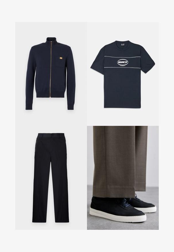 Tamsiai mėlynas megztinis su viso ilgio užtrauktuku, aukštu apykakliu, ribomis rankogaliuose ir maža krūtinės kišene su auksiniu dekoratyviniu sagtimi.; Tamsiai mėlyna medvilninė marškinėliai su trumpomis rankovėmis, su balta logo ir juostomis per krūtinę. Apvali iškirptė, laisvas pjūvis.; Juodos kelnės, pagamintos iš lengvos tekstūruotos medžiagos, tiesaus silueto, su elastingu juosmeniu ir šoniniais užtrauktukų kišenėmis.; Juodi zomšiniai sportbačiai su baltais guminiais padais, su apvalia nosimi ir raišteliais, dėvimi su pilkais pritaikytais kelnais.