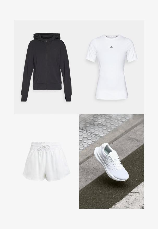 Svart zip-up hoodie tillverkad av mjukt material, med huva, långa ärmar och en subtil logotyp på vänster bröstområde.; Vit idrottströja med korta ärmar, tillverkad i ett slätt, stretchigt material. Har en liten svart Adidas-logotyp på bröstet.; Vita träningsshorts med elastisk midja och justerbar dragsko. Tillverkade av lätt material, med sidofickor och en lös passform.; Vitaid idrottssko med mesh-överdel, snörning och texturerad sula. Diskret branding och sömlösa konstruktionsdetaljer synliga.