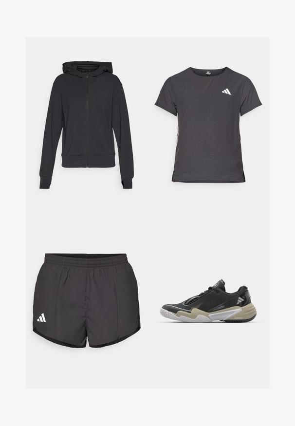 Sort zip-up hoodie lavet af blødt stof, med hætte, lange ærmer og et diskret logo på venstre brystområde.; Kortærmet atletisk t-shirt, mørkegrå med perforeret tekstur. Har et hvidt logo og kontrastfarvede sidelister. Rundet halsudskæring.; Sorte atletiske shorts lavet af letvægtsstof, med en elastisk talje og et hvidt Adidas-logo på nederste venstre side.; Sort og beige atletisk sko med struktureret overdel, fremtrædende såledesign, reflekterende accenter og snørresystem. Letvægtskonstruktion.