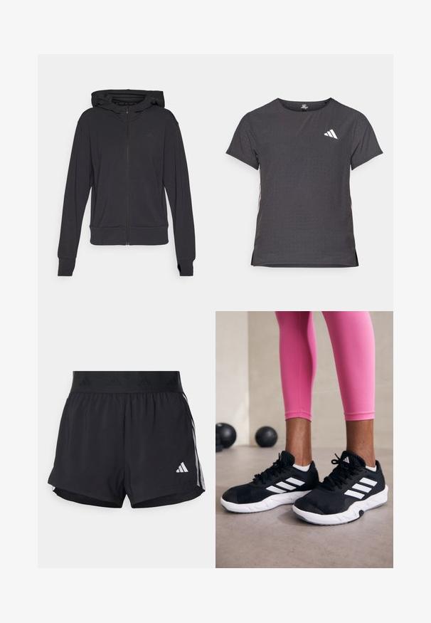 Hoodie zippé noir en tissu doux, doté d'une capuche, de manches longues et d'un logo discret sur la zone gauche de la poitrine.; T-shirt de sport à manches courtes, gris foncé avec une texture perforée. Présente un logo blanc et des rayures latérales contrastantes. Encolure arrondie.; Shorts de sport noirs avec une taille élastique, dotés d'une bande texturée, de rayures sur les côtés, et d'un logo Adidas blanc sur l'ourlet inférieur.; Baskets de sport noires avec des rayures blanches, tige en mesh texturé et semelle blanche. Portées avec des leggings roses, mettant en valeur des vêtements d'entraînement.