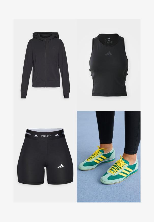 Čierna zapínacia mikina na zips vyrobená z mäkkej tkaniny, s kapucňou, dlhými rukávmi a jemným logom na ľavej strane hrude.; Čierny krátky fitness top vyrobený z hladkej, elastickej tkaniny; má okrúhly výstrih a malú, reflexnú značku na prednej strane.; Čierne nohavice z elastického materiálu s priliehavým strihom. Majú široký čierny pás s nápisom "TECHFIT" a bielym logom na nohe.; Zelené a tyrkysové športové tenisky so žltými šnúrkami a troma žltými pruhmi. Z jemnej kože a sieťoviny, gumové podrážky a nízky profil.