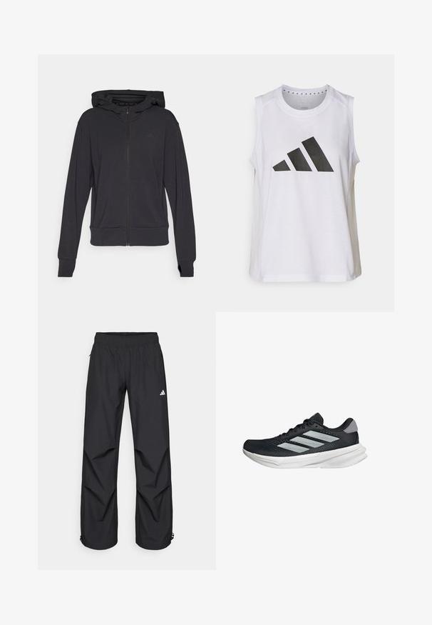 Sort zip-up hoodie lavet af blødt stof, med hætte, lange ærmer og et diskret logo på venstre brystområde.; Hvid ærmeløs træningstop med rund halsudskæring, der har et stort svart Adidas-logo bestående af tre striber på fronten.; Sorte, letvægts, vandtætte bukser med elastisk talje, sidelommer og justerbare manchetter. Har et hvidt logo på venstre lår.; Sort løbesko med mesh-overdel, tre sølvstriber, hvid mellemsål og struktureret ydersål. Har polstret krave og snørelukning.